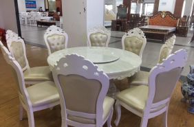 Bộ bàn ăn nhà bếp nhập khẩu mặt bàn tròn xoay 8 ghế